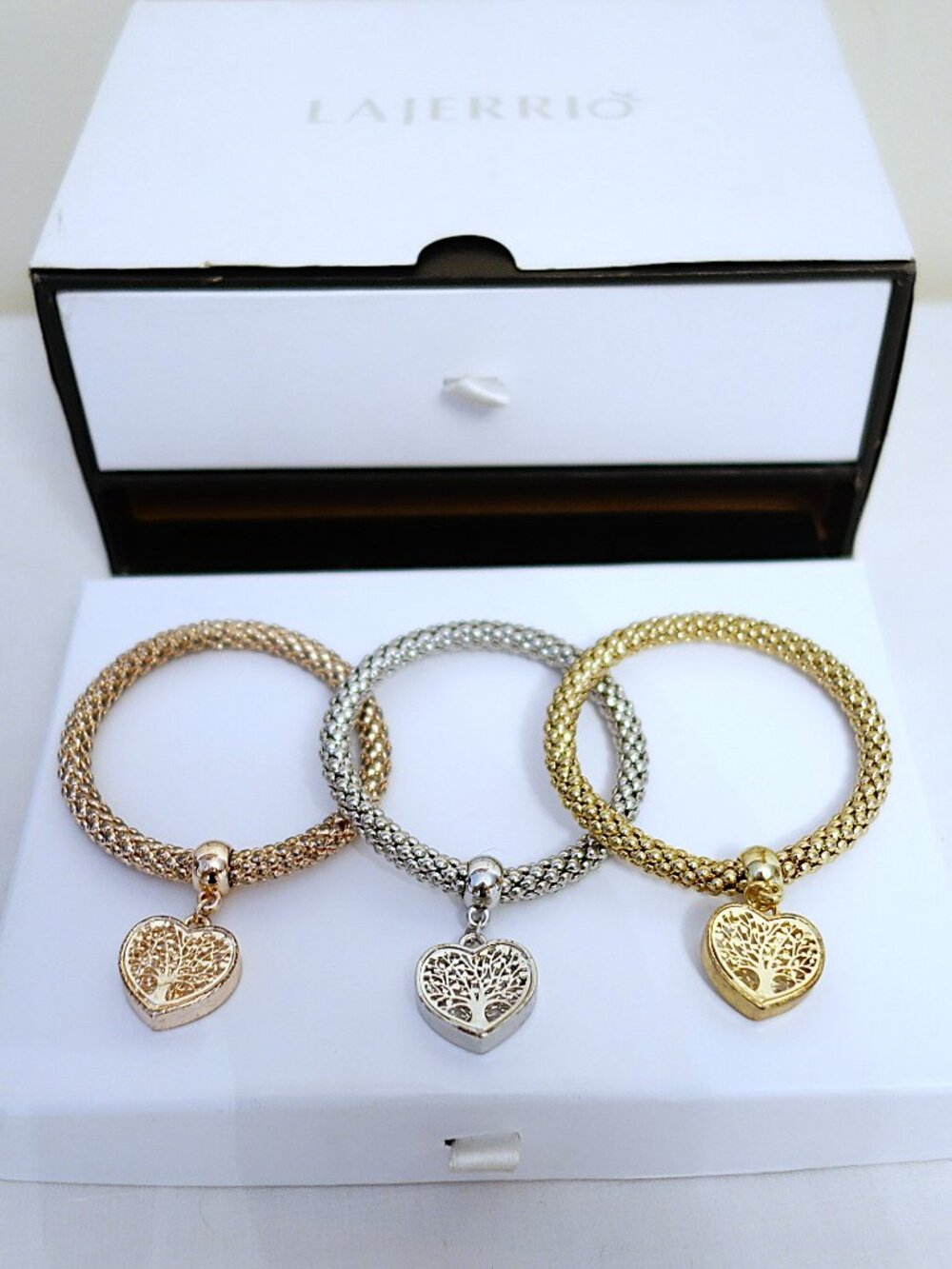 3-Piece Rose, White & Yellow Gold Metal Stretch Bracelet Set & Jewellery Box